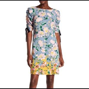 Donna Morgan Blue Floral Midi Dress Ruched Sleeves